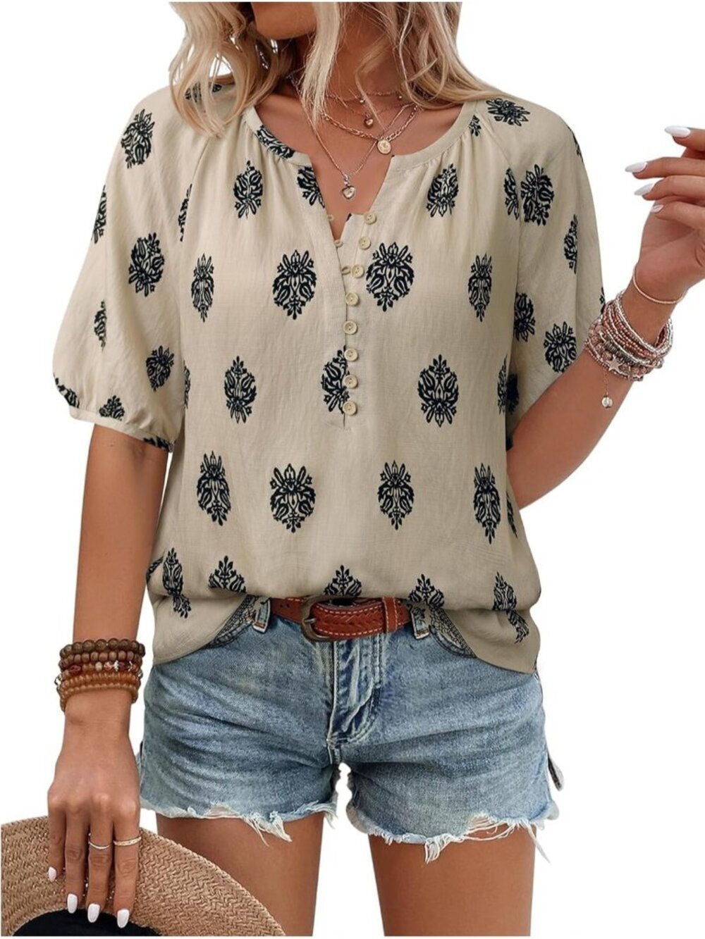 Women's Shirt Beige Summer Tops V Neck Short Sleeve Blouses Casual Button Down